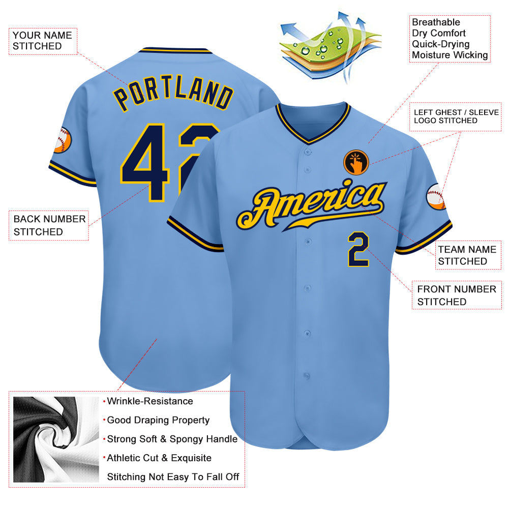 Custom Light Blue Navy-Gold Authentic Baseball Jersey baseball jersey product view 3
