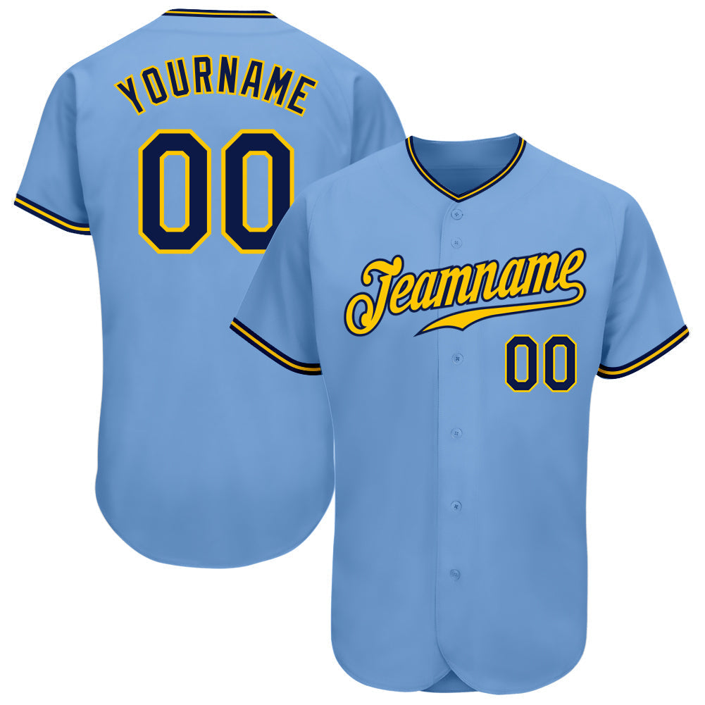 Custom Light Blue Navy-Gold Authentic Baseball Jersey baseball jersey product view 1