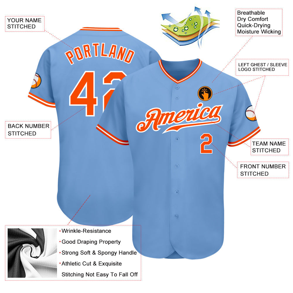 Custom Light Blue Orange-White Authentic Baseball Jersey baseball jersey product view 3