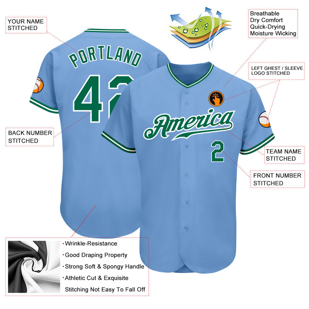 Custom Light Blue Kelly Green-White Authentic Baseball Jersey baseball jersey product view 3
