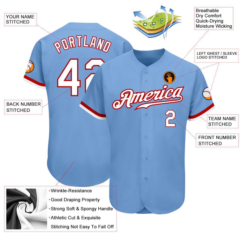 Custom Light Blue White-Red Authentic Baseball Jersey baseball jersey product view 3