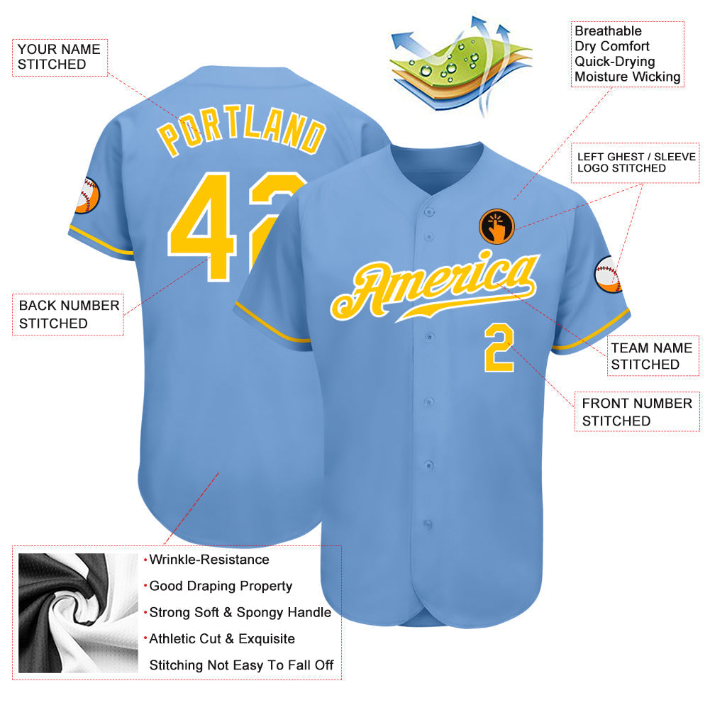 Custom Light Blue Gold-White Authentic Baseball Jersey baseball jersey product view 3