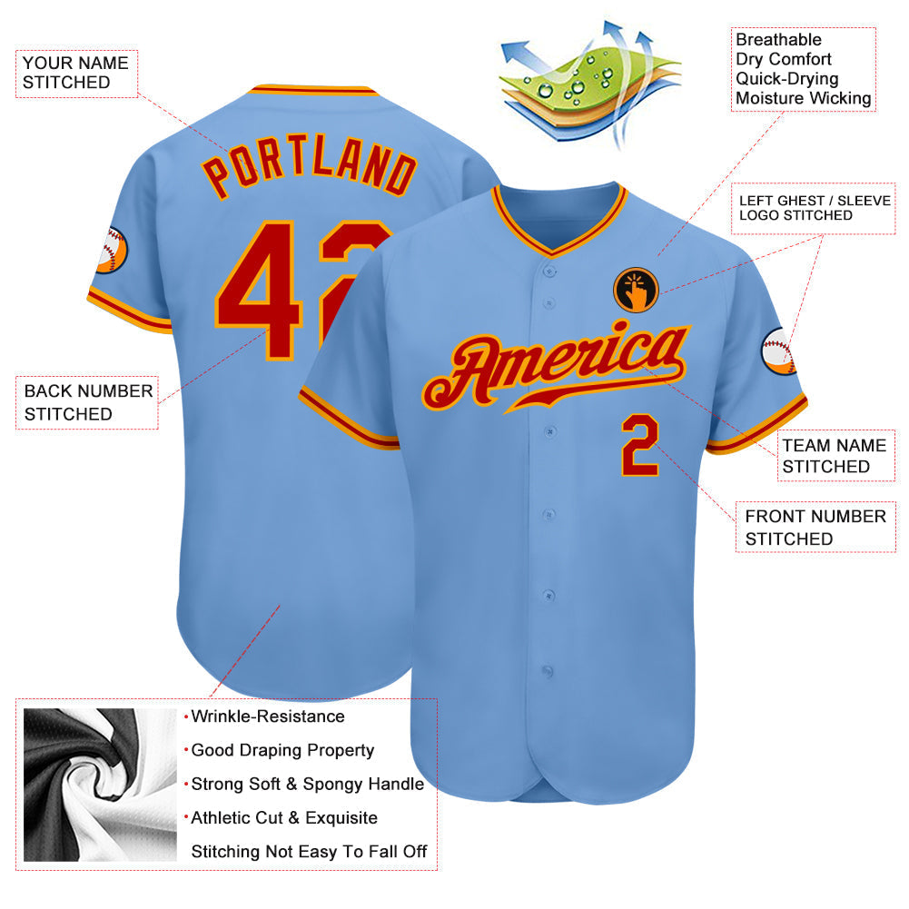 Custom Light Blue Red-Gold Authentic Baseball Jersey baseball jersey product view 3