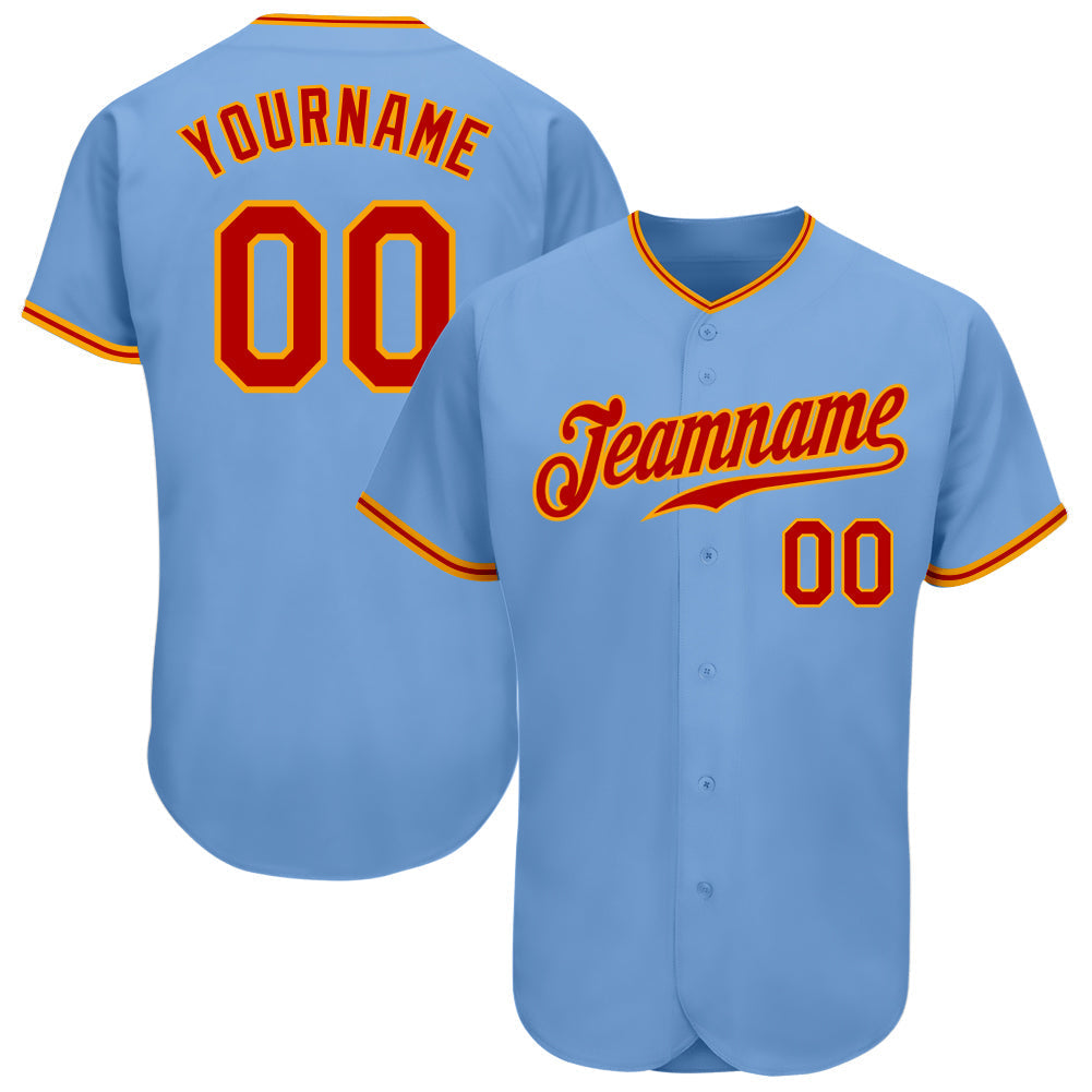 Custom Light Blue Red-Gold Authentic Baseball Jersey baseball jersey product view 1