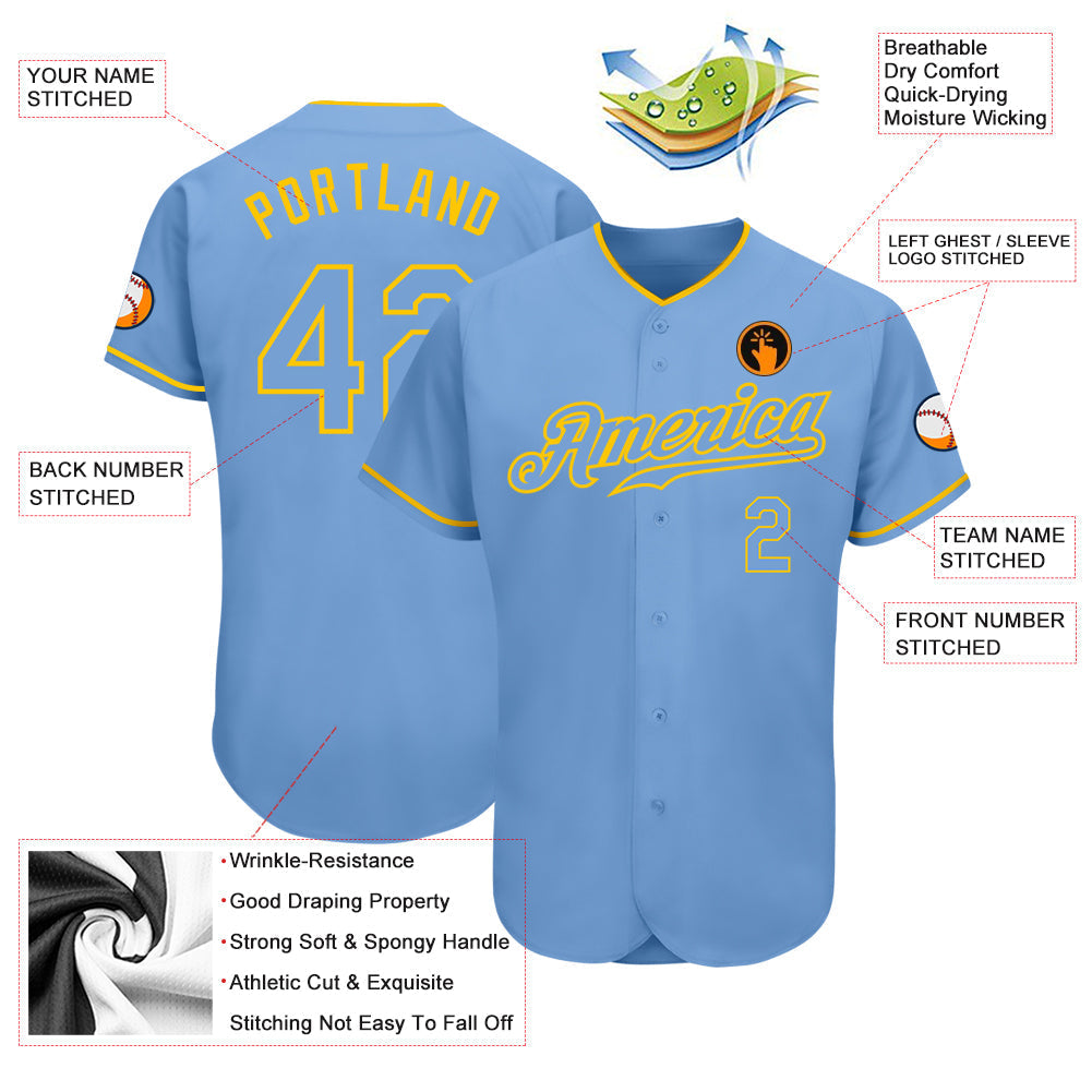Custom Light Blue Light Blue-Gold Authentic Baseball Jersey baseball jersey product view 3