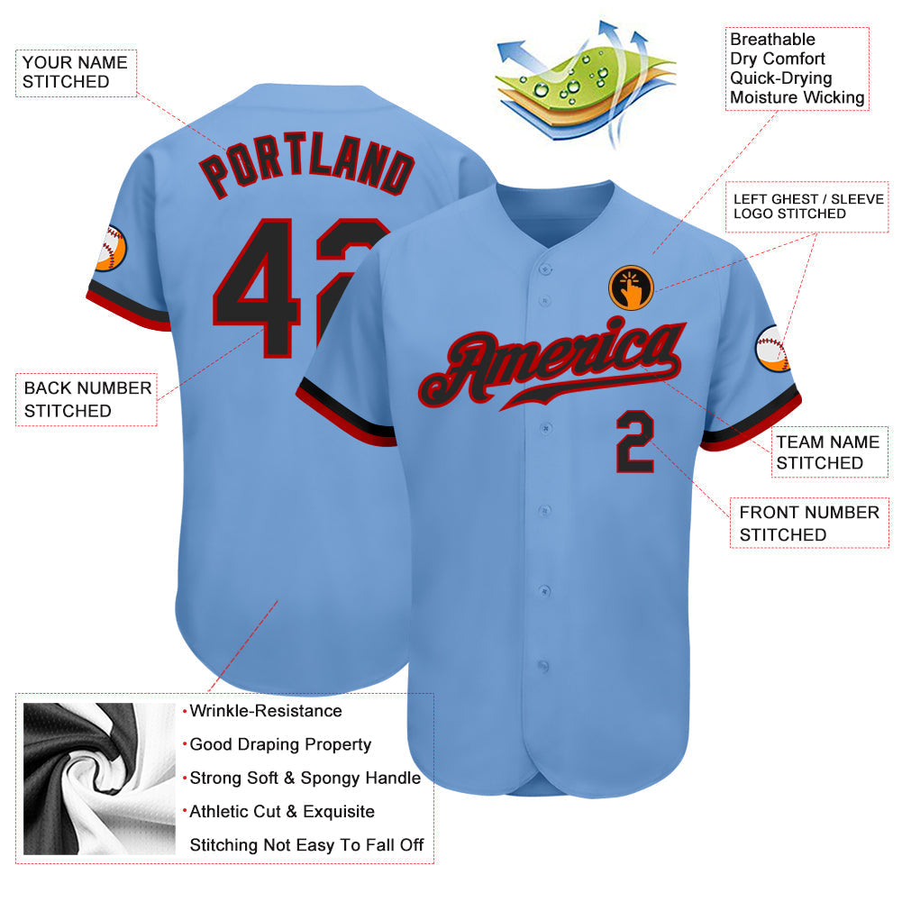 Custom Light Blue Black-Red Authentic Baseball Jersey baseball jersey product view 3