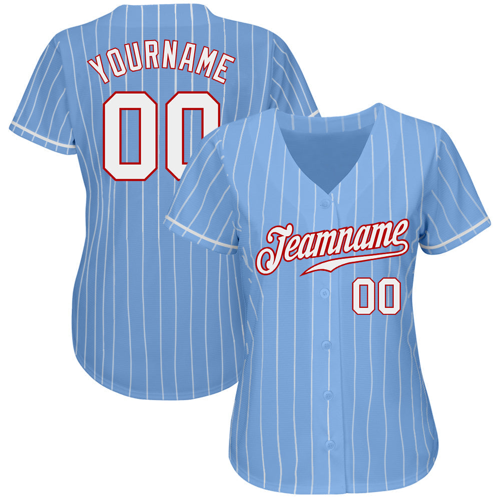 Custom Light Blue White Pinstripe White-Red Authentic Baseball Jersey baseball jersey product view 2