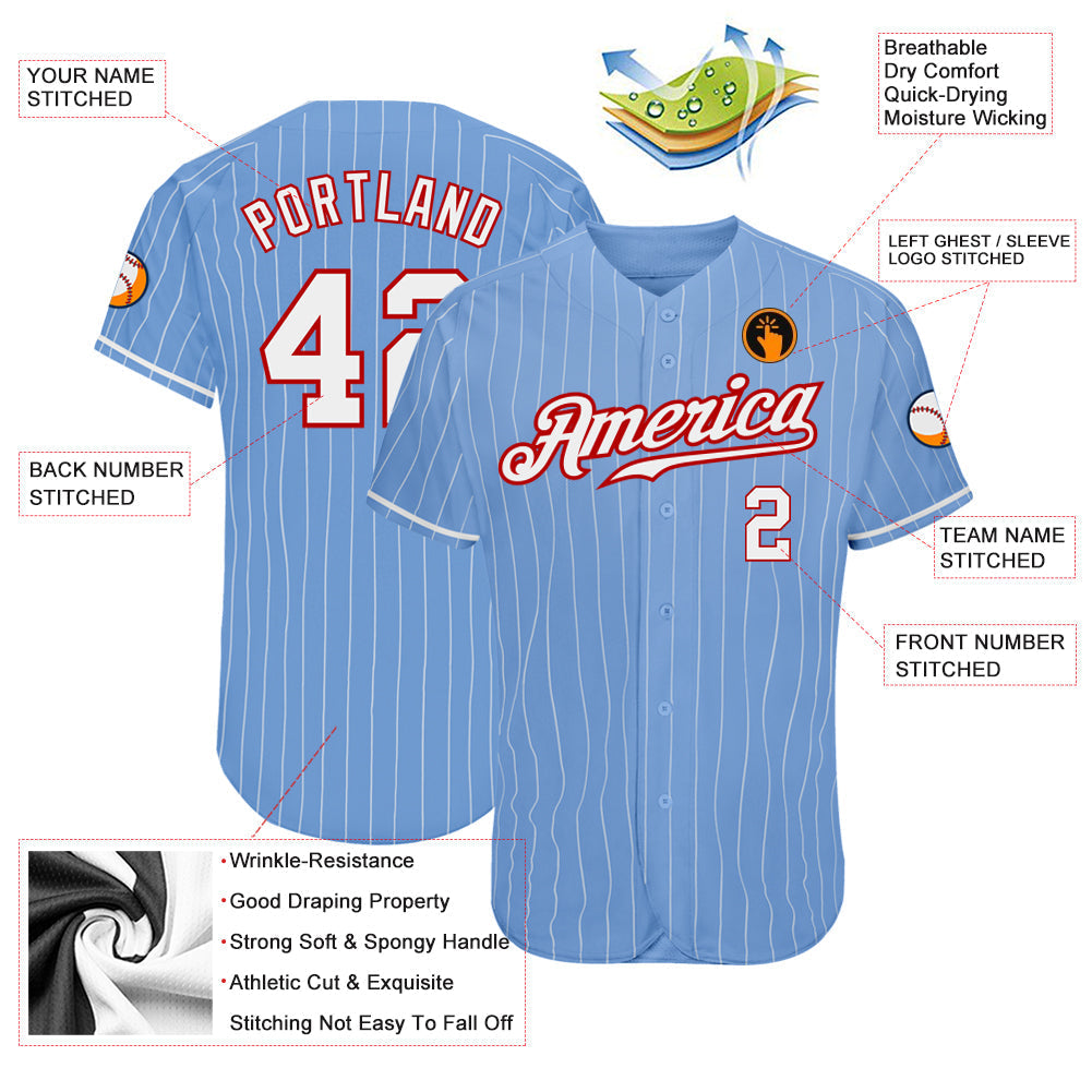 Custom Light Blue White Pinstripe White-Red Authentic Baseball Jersey baseball jersey product view 3