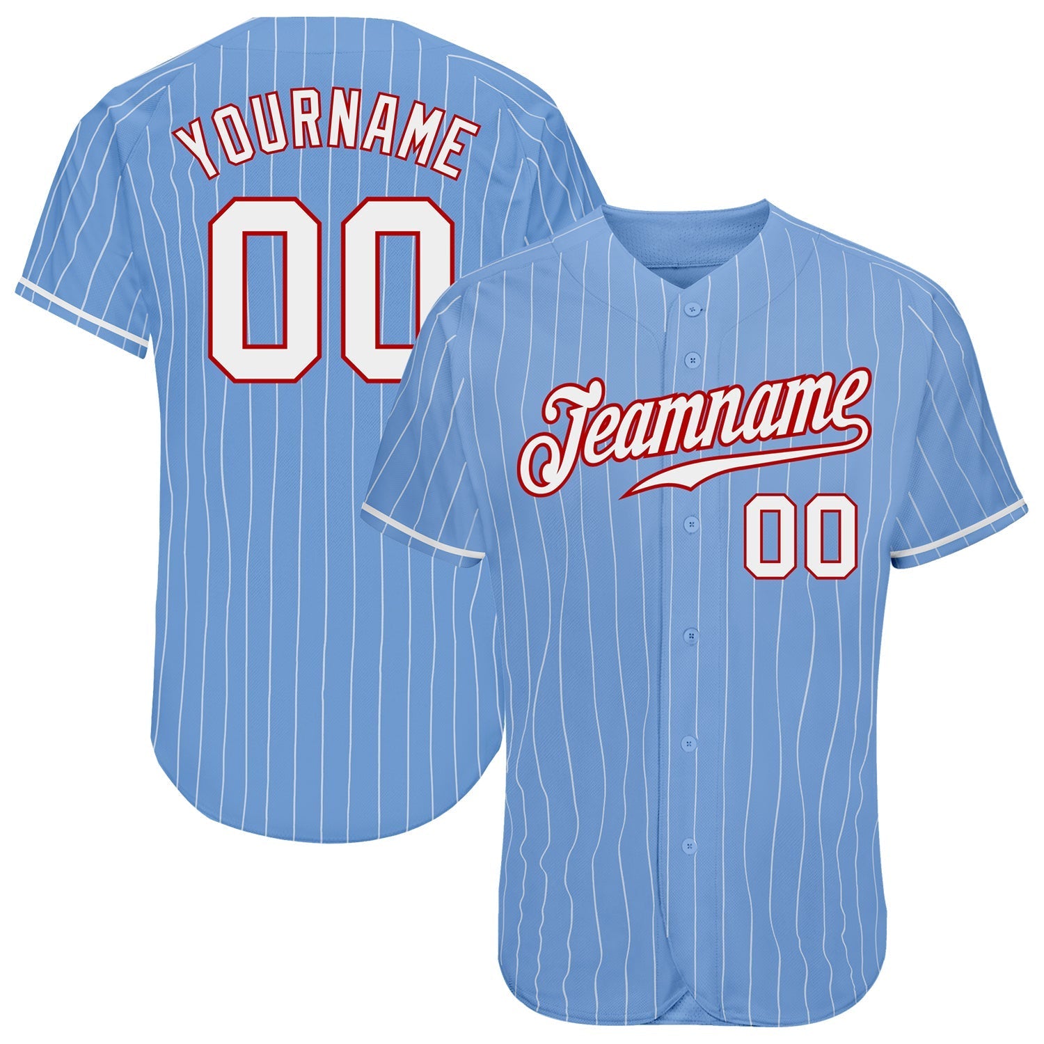 Custom Light Blue White Pinstripe White-Red Authentic Baseball Jersey baseball jersey product view 1