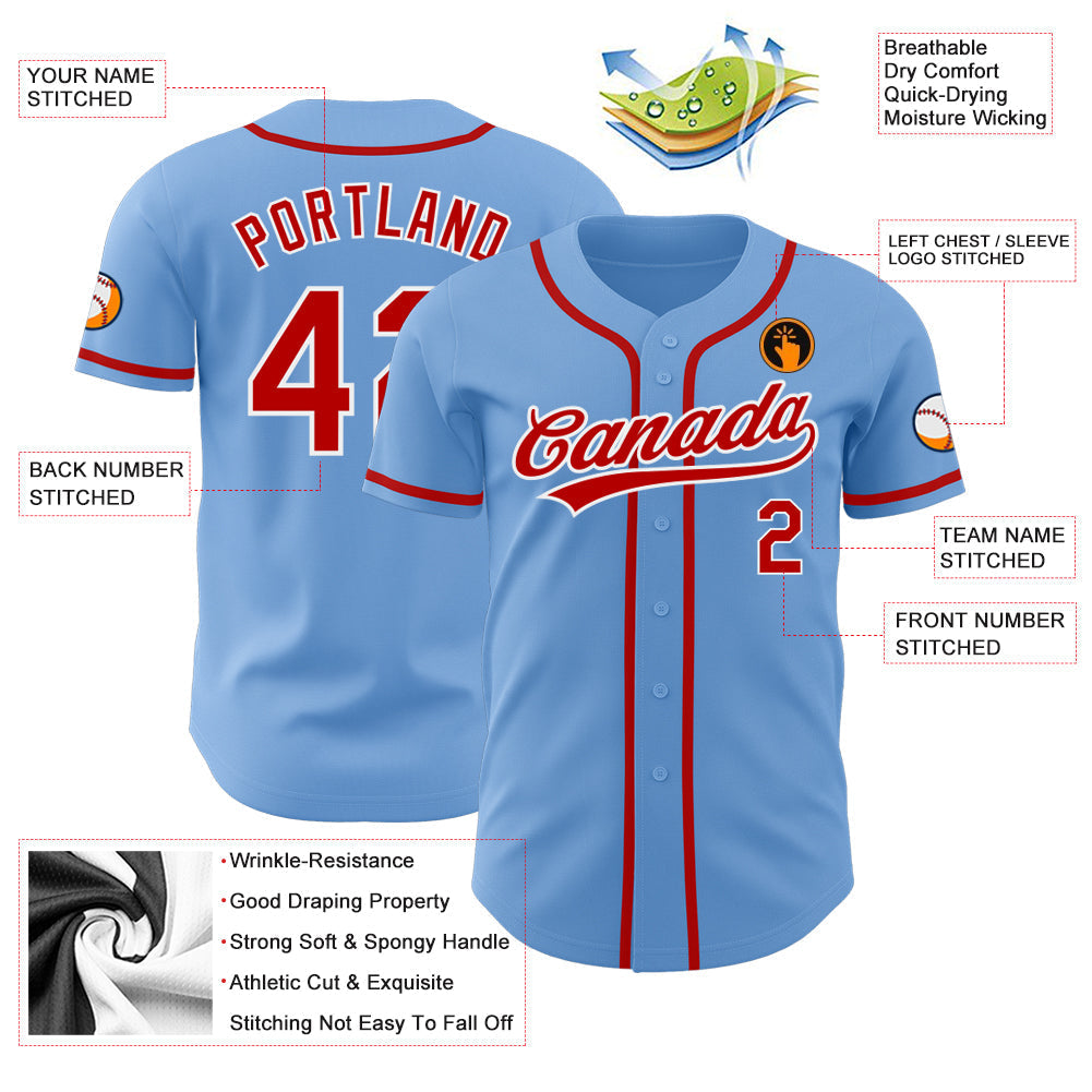 Custom Light Blue Red-White Authentic Baseball Jersey baseball jersey product view 3