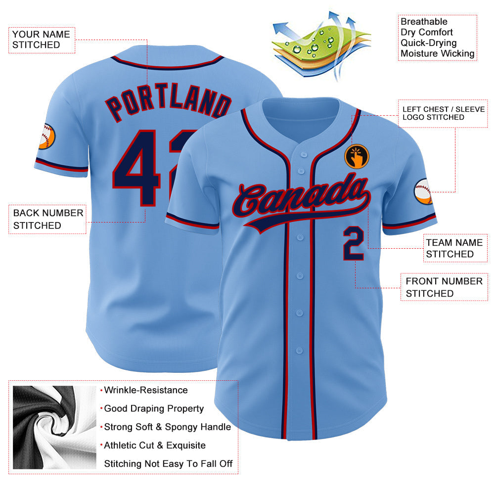 Custom Light Blue Navy-Red Authentic Baseball Jersey baseball jersey product view 3