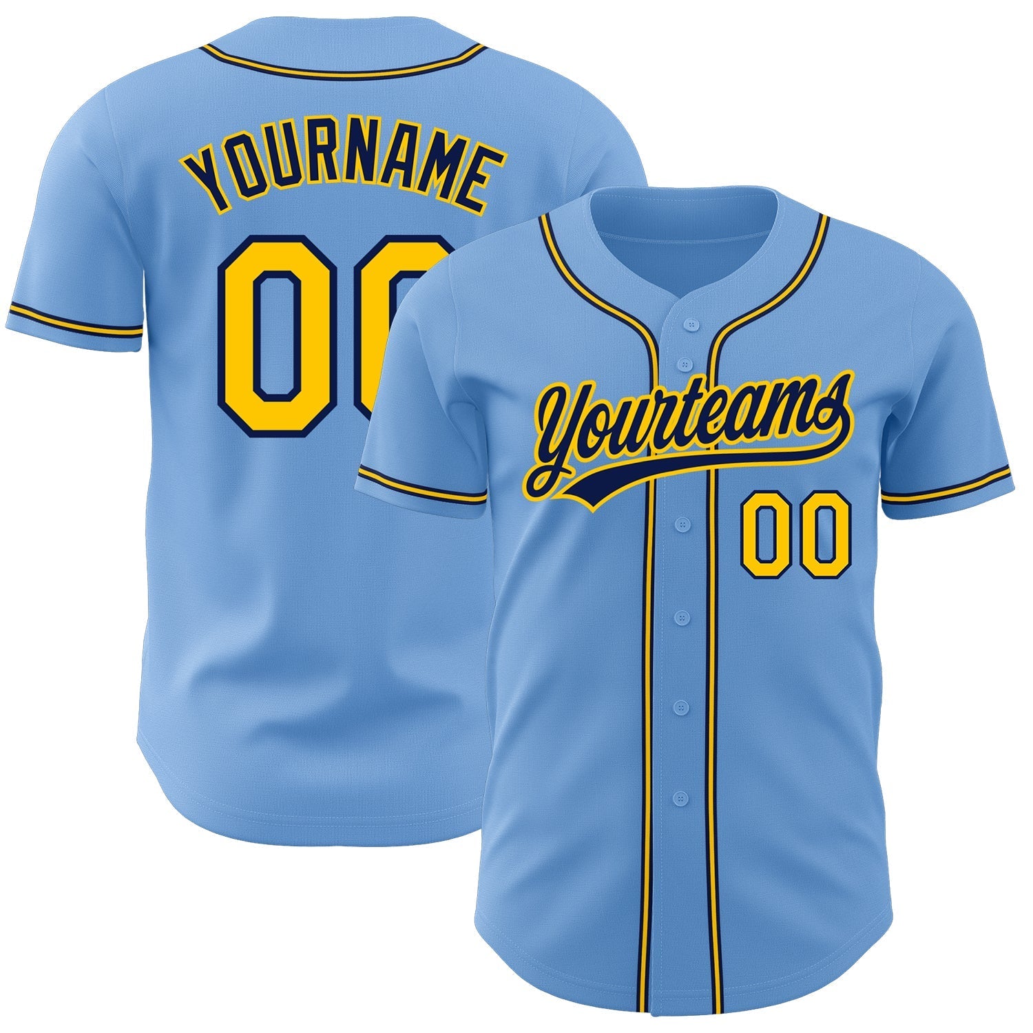 Custom Light Blue Gold-Navy Authentic Baseball Jersey baseball jersey product view 1