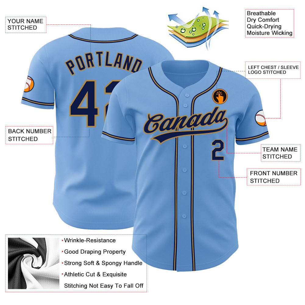 Custom Light Blue Navy-Old Gold Authentic Baseball Jersey baseball jersey product view 3