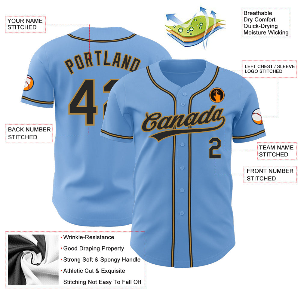 Custom Light Blue Black-Old Gold Authentic Baseball Jersey baseball jersey product view 3