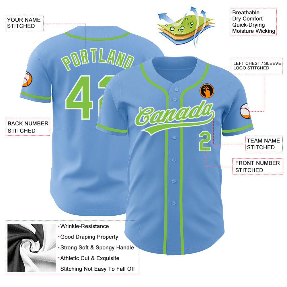 Custom Light Blue Neon Green-White Authentic Baseball Jersey baseball jersey product view 3