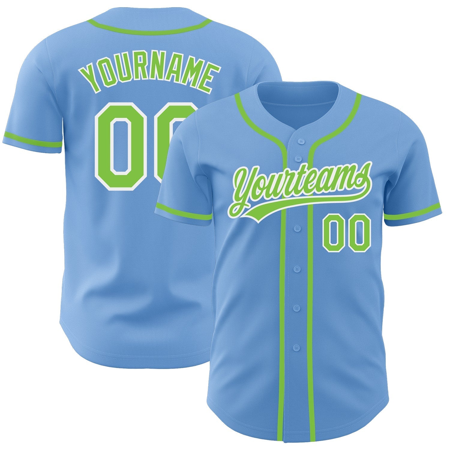 Custom Light Blue Neon Green-White Authentic Baseball Jersey baseball jersey product view 1