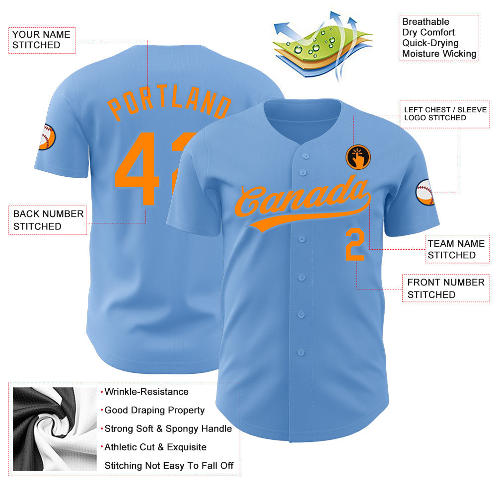 Custom Light Blue Bay Orange Authentic Baseball Jersey baseball jersey product view 3
