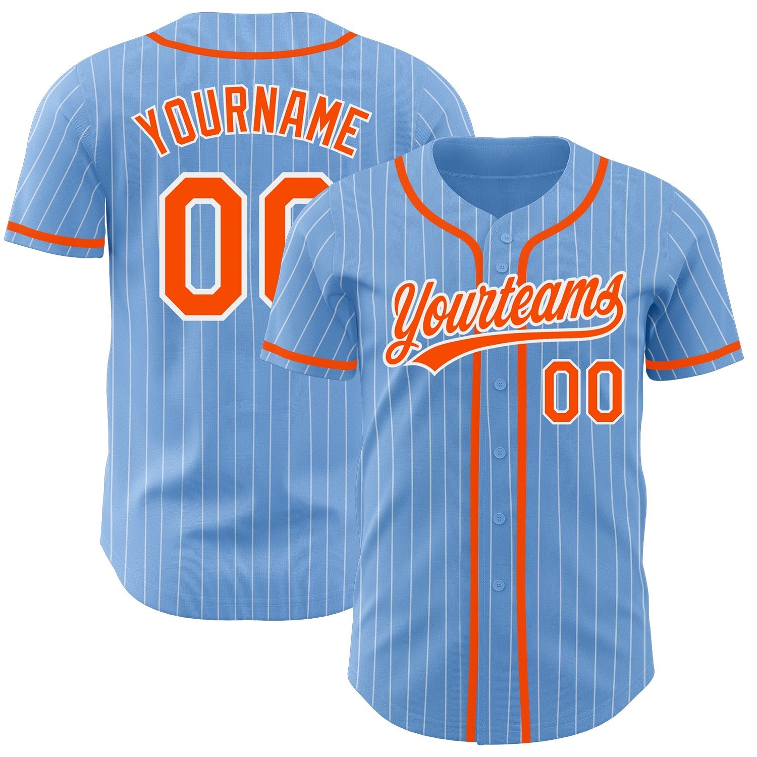 Custom Light Blue White Pinstripe Orange Authentic Baseball Jersey baseball jersey product view 1
