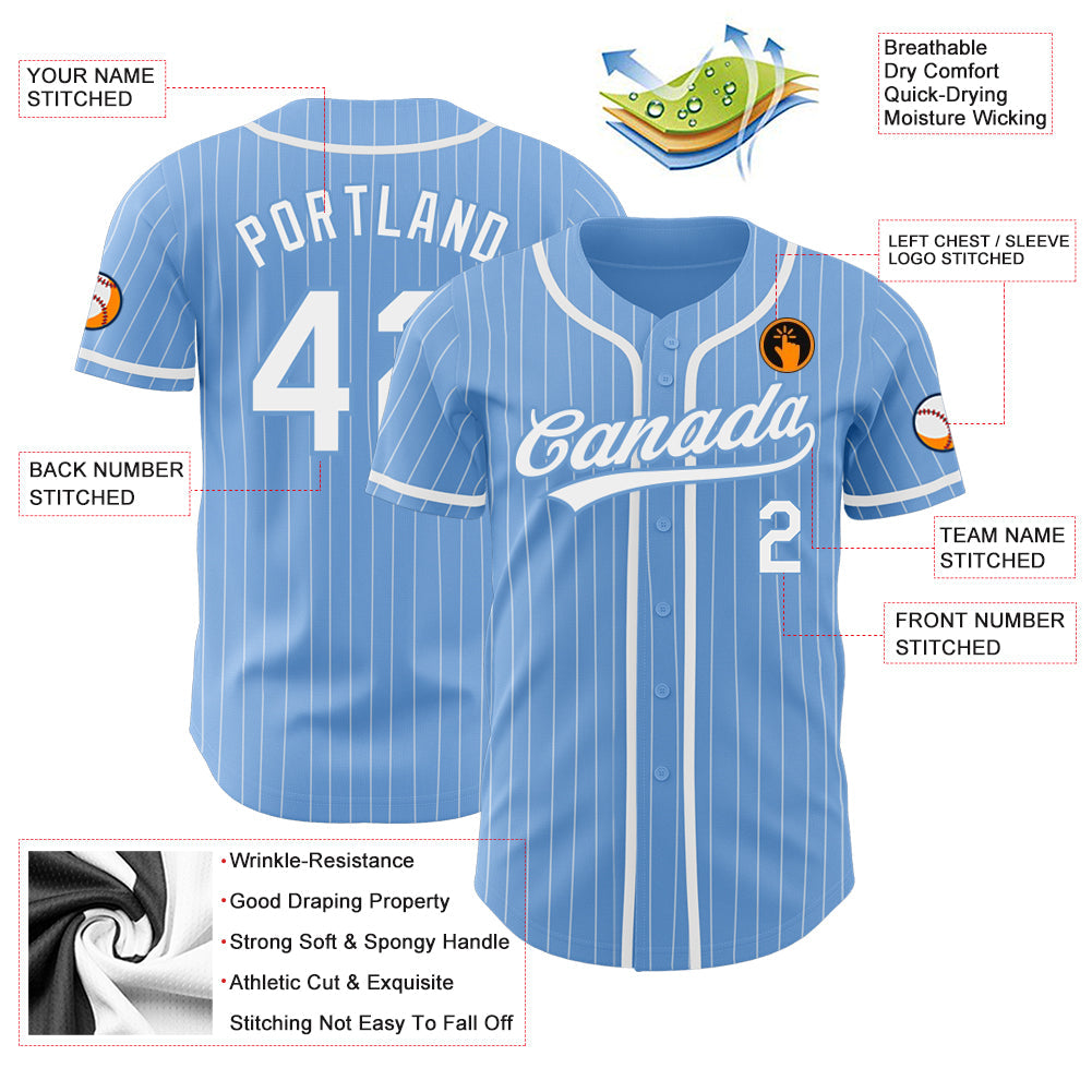 Custom Light Blue White Pinstripe White Authentic Baseball Jersey baseball jersey product view 4
