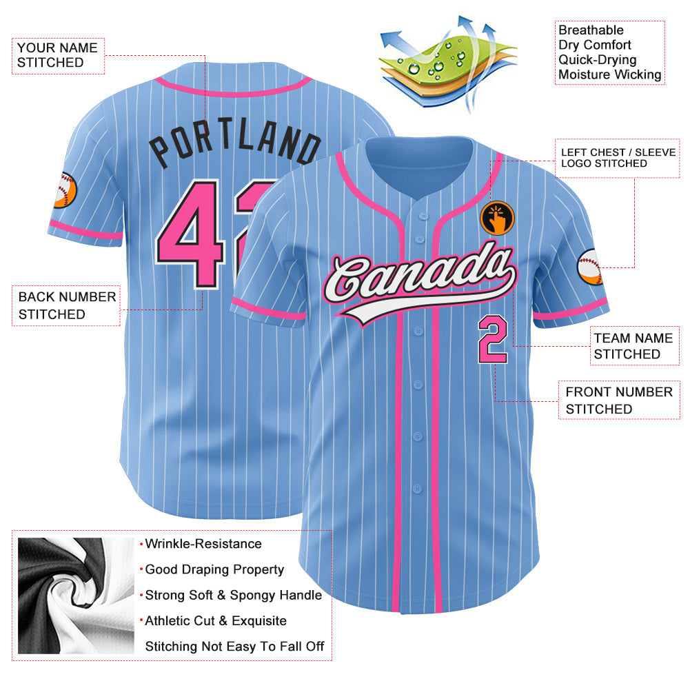 Custom Light Blue White Pinstripe Pink-Black Authentic Baseball Jersey baseball jersey product view 3