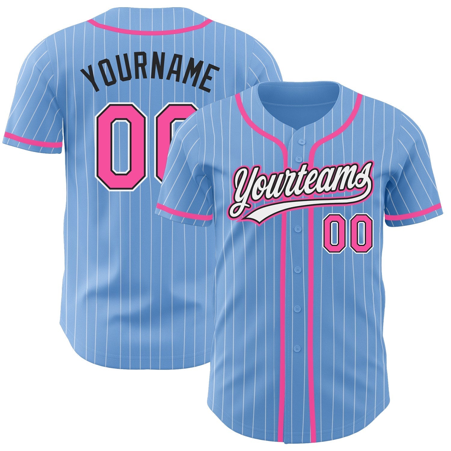 Custom Light Blue White Pinstripe Pink-Black Authentic Baseball Jersey baseball jersey product view 1