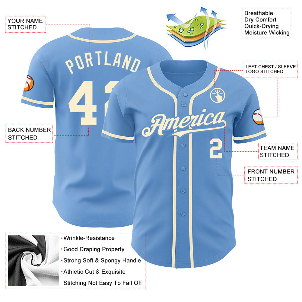 Custom Light Blue Cream Authentic Baseball Jersey baseball jersey product view 3