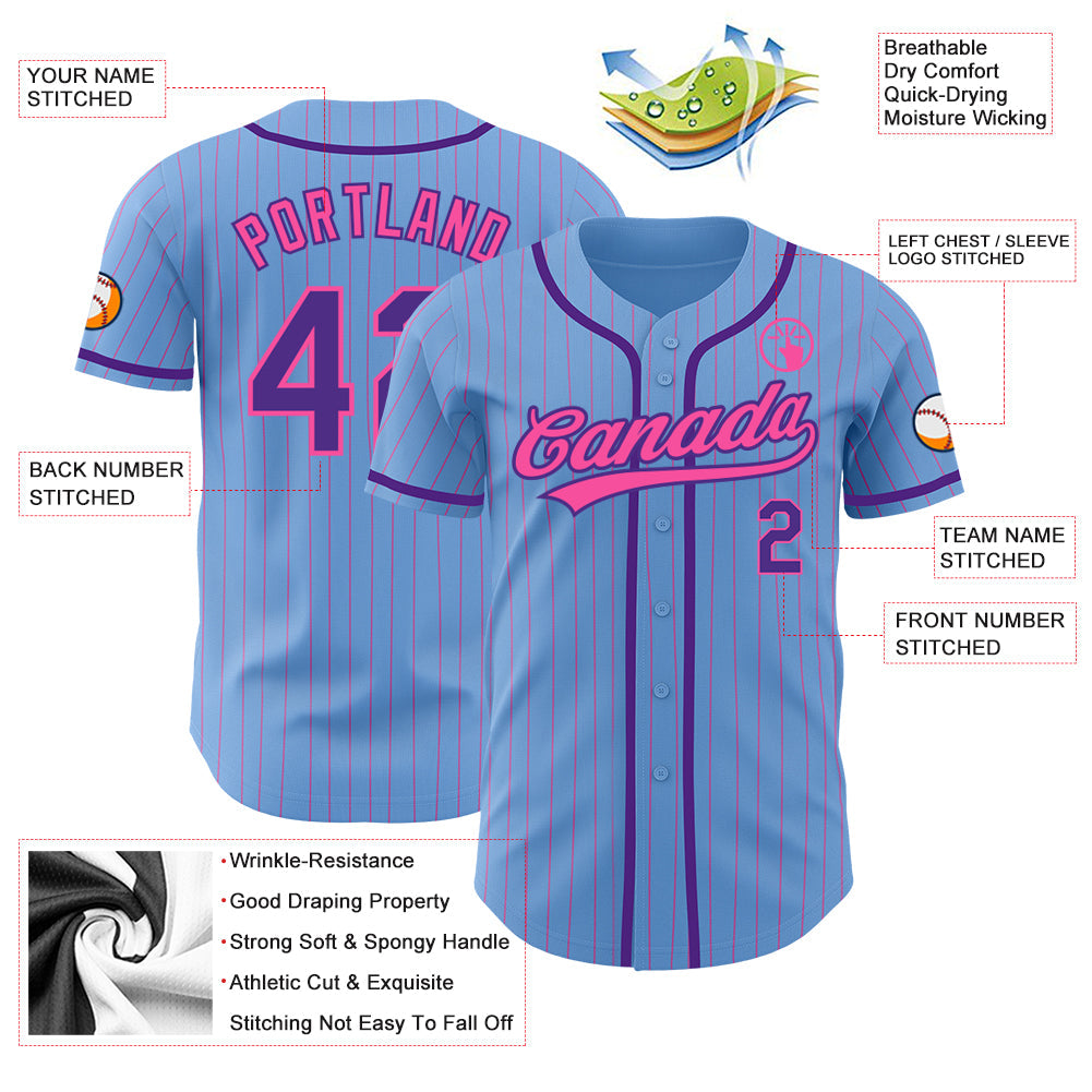 Custom Light Blue Pink Pinstripe Purple Authentic Baseball Jersey baseball jersey product view 3