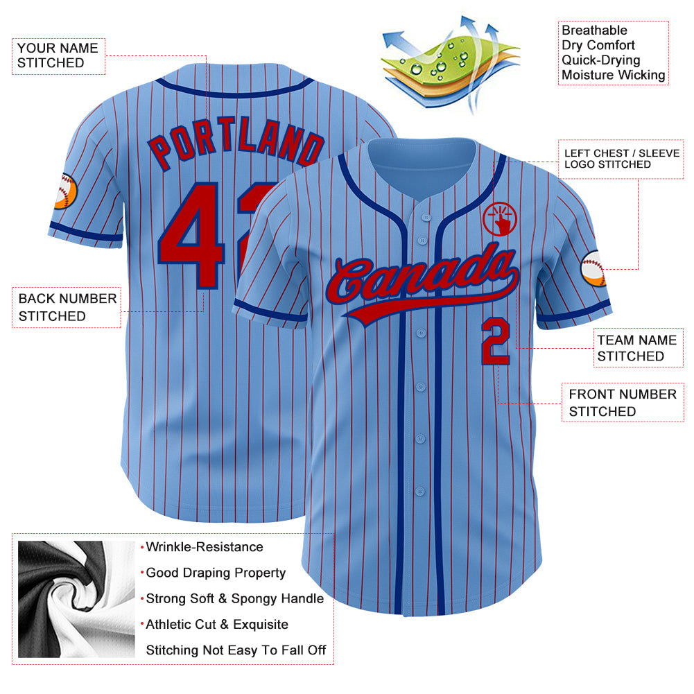 Custom Light Blue Red Pinstripe Royal Authentic Baseball Jersey baseball jersey product view 3