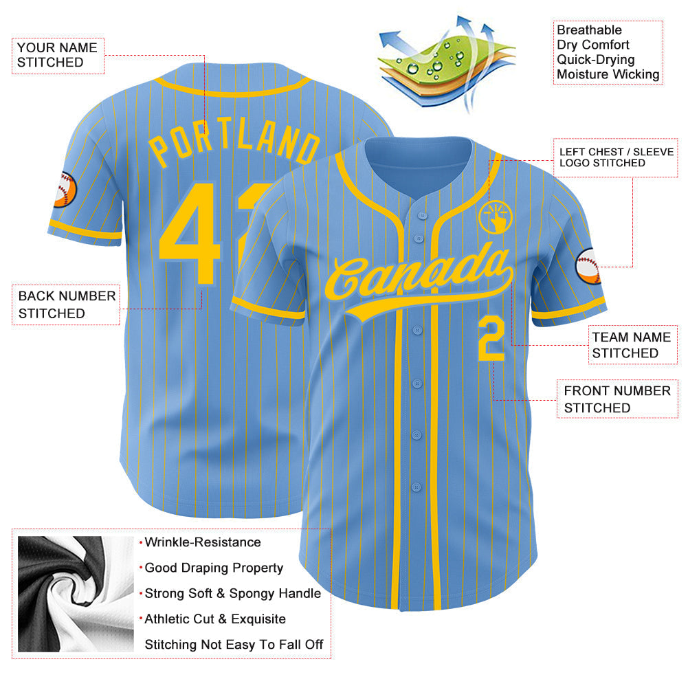 Custom Light Blue Yellow Pinstripe Yellow Authentic Baseball Jersey baseball jersey product view 3