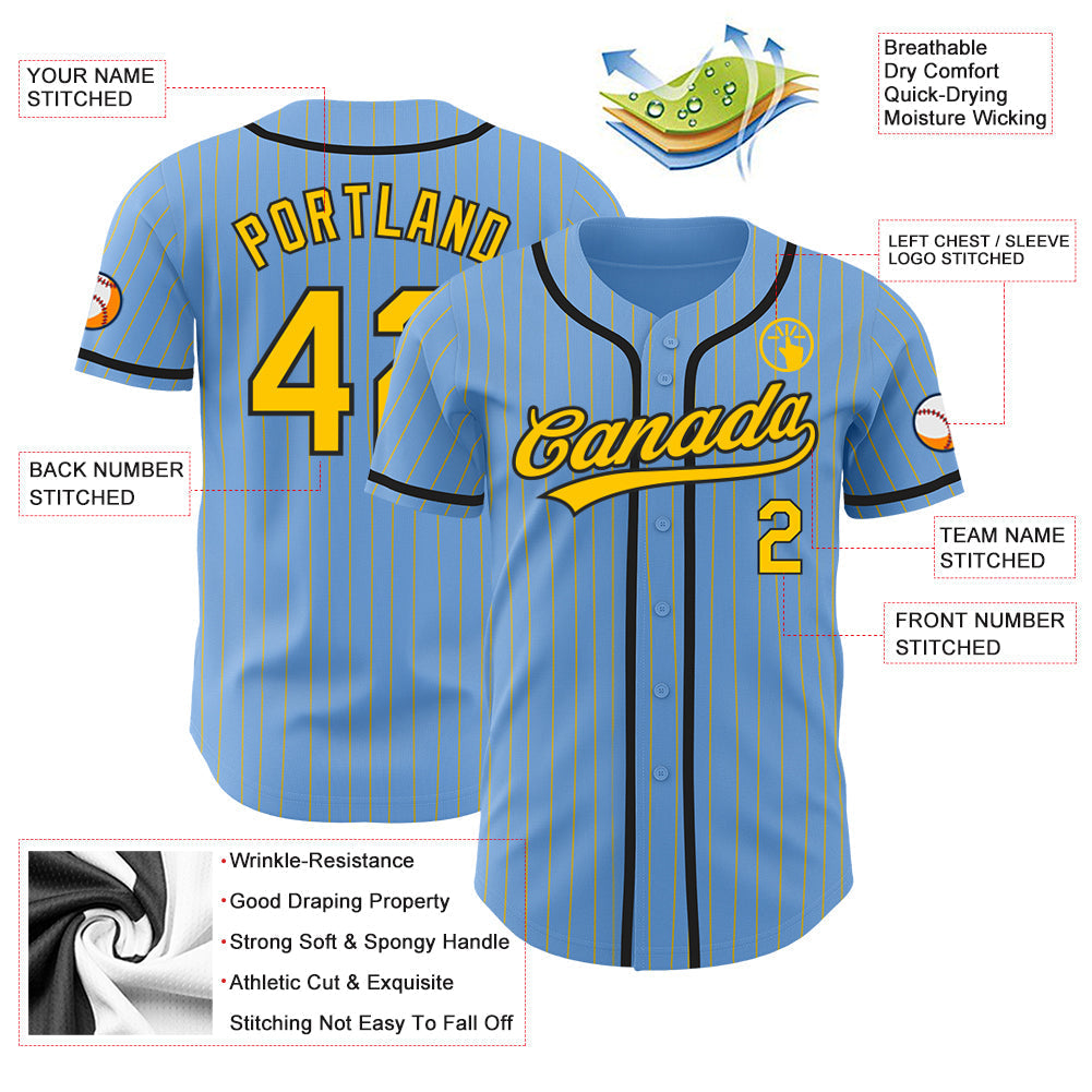 Custom Light Blue Yellow Pinstripe Black Authentic Baseball Jersey baseball jersey product view 3