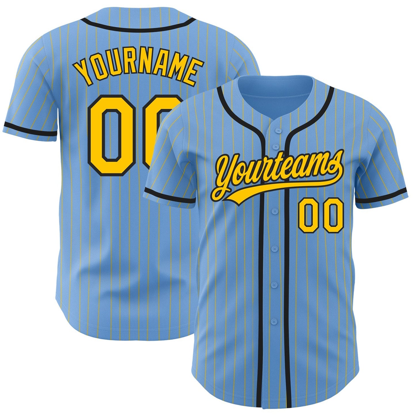 Custom Light Blue Yellow Pinstripe Black Authentic Baseball Jersey baseball jersey product view 1