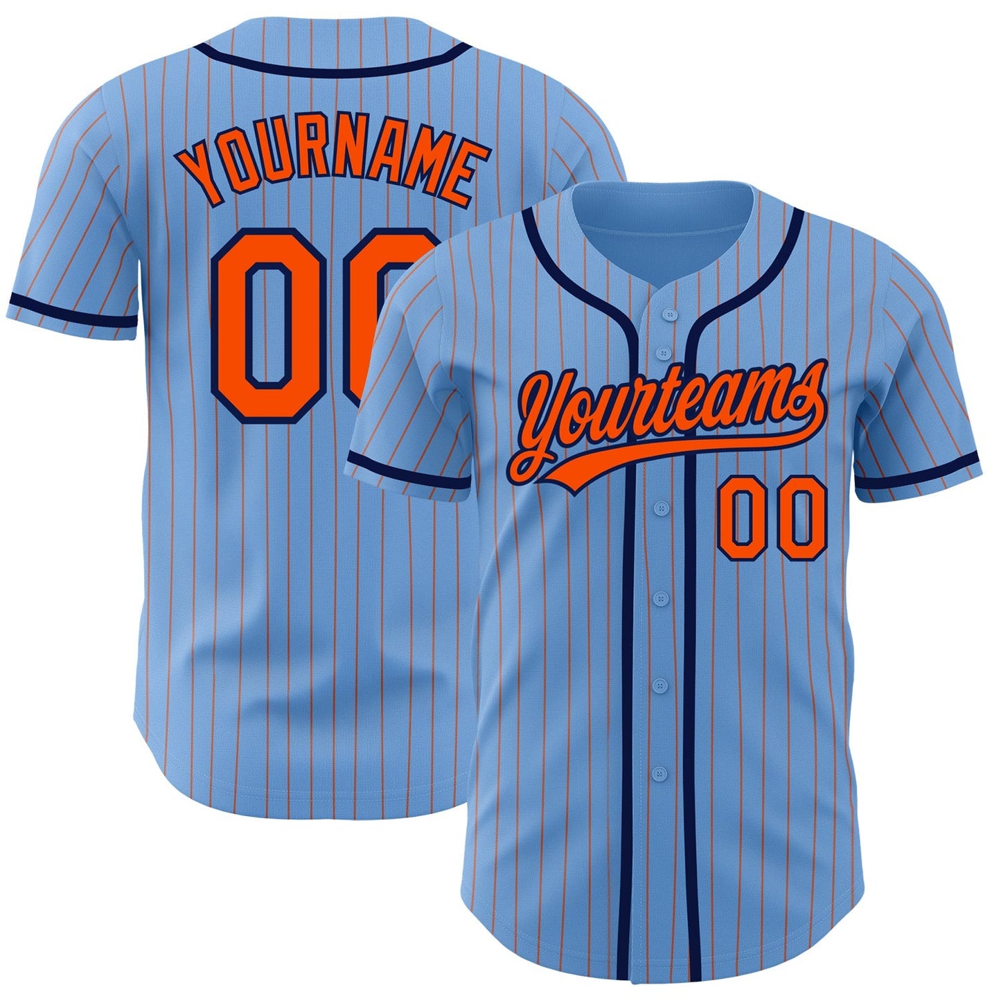 Custom Light Blue Orange Pinstripe Navy Authentic Baseball Jersey baseball jersey product view 1