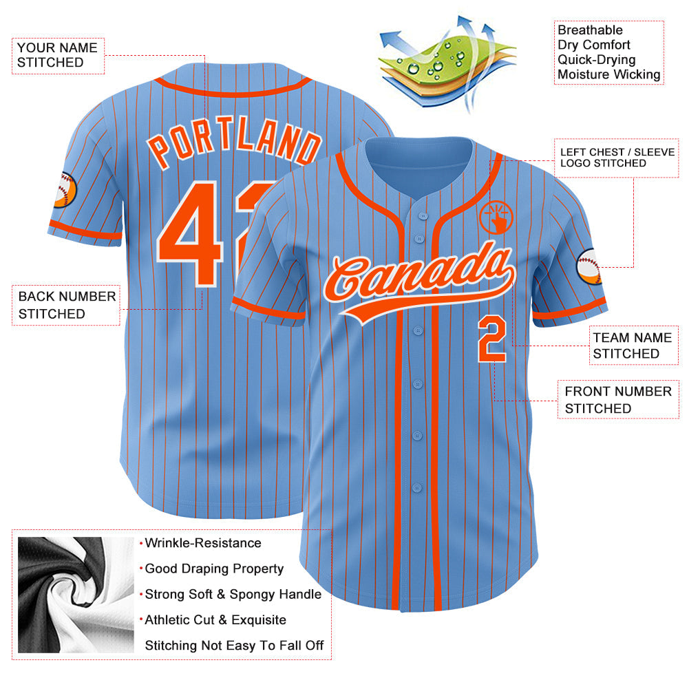 Custom Light Blue Orange Pinstripe White Authentic Baseball Jersey baseball jersey product view 3