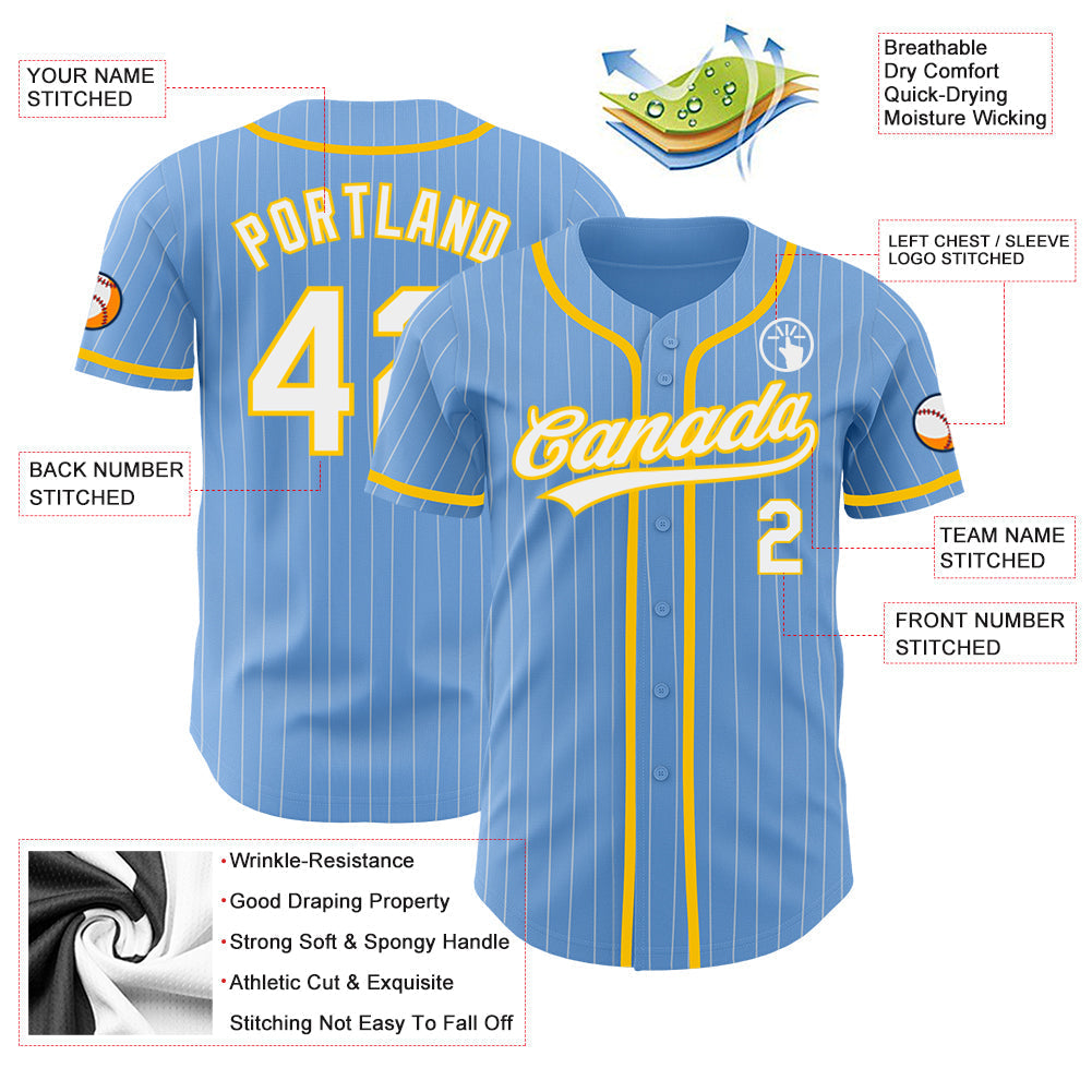 Custom Light Blue White Pinstripe Yellow Authentic Baseball Jersey baseball jersey product view 3