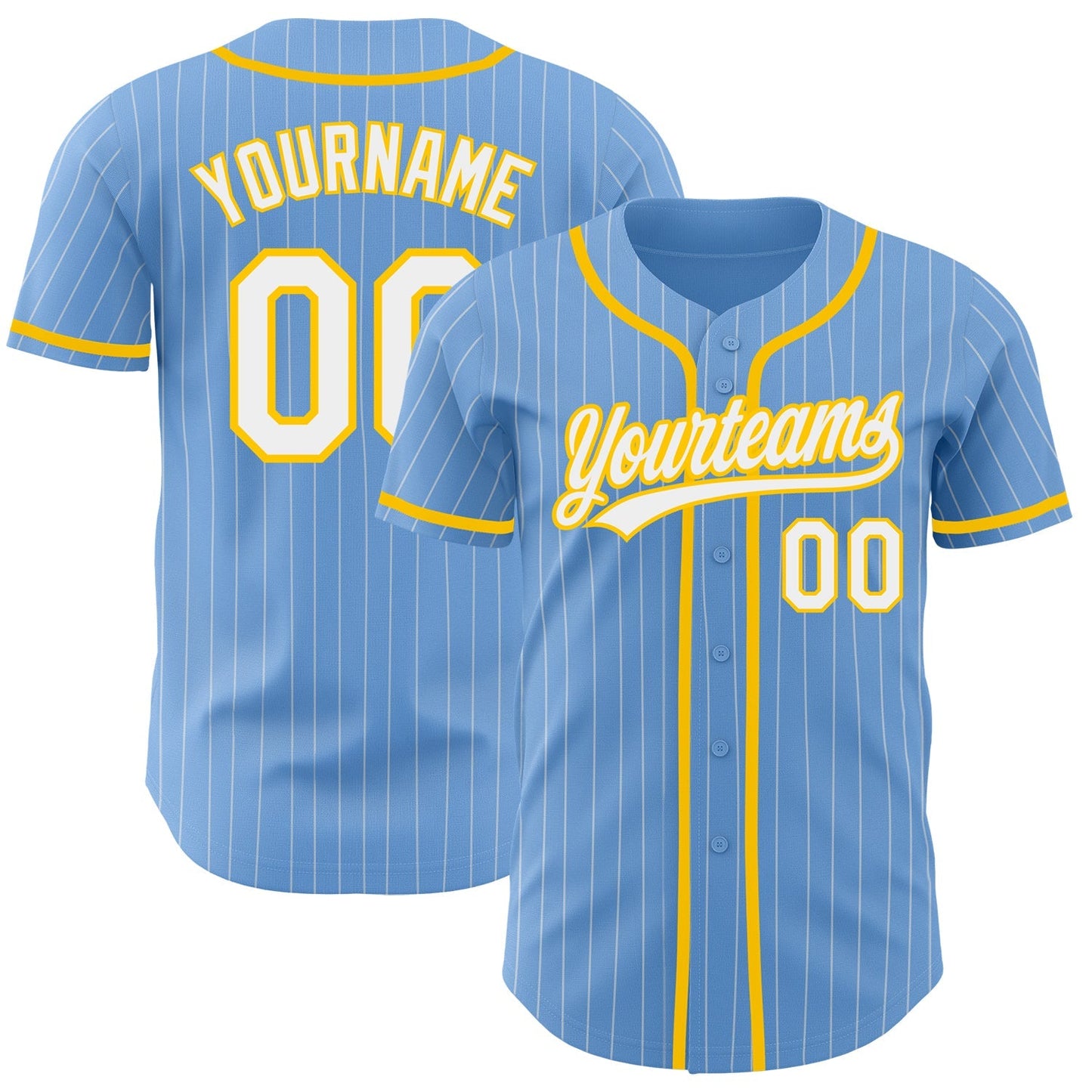 Custom Light Blue White Pinstripe Yellow Authentic Baseball Jersey baseball jersey product view 1