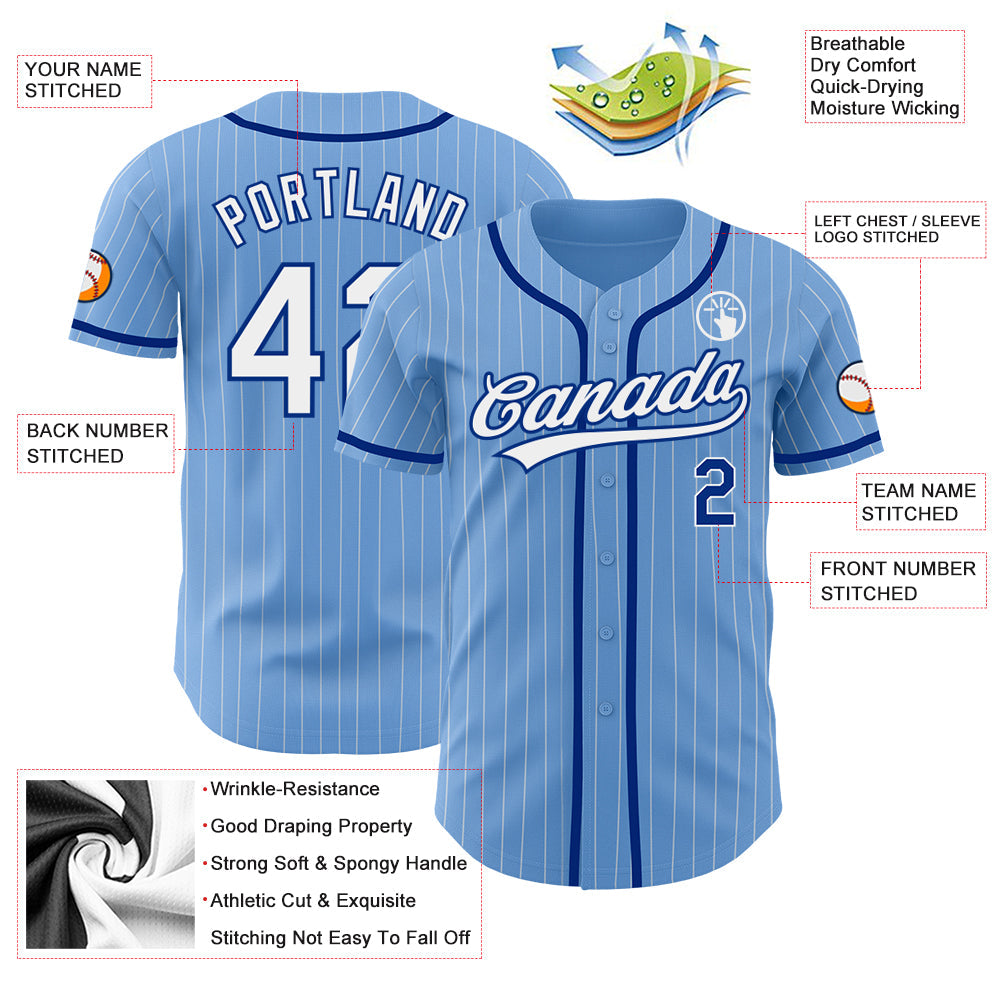 Custom Light Blue White Pinstripe Royal Authentic Baseball Jersey baseball jersey product view 3