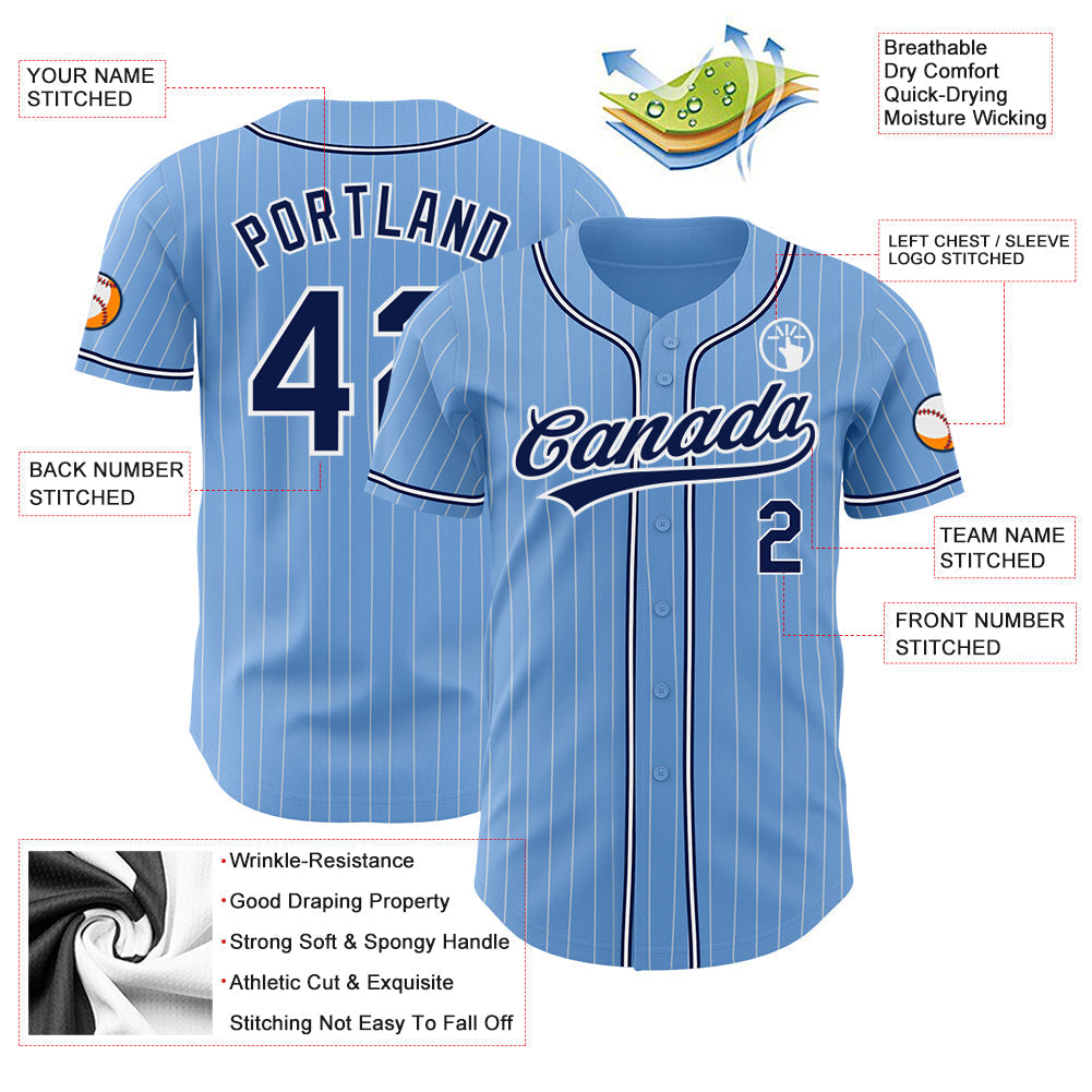 Custom Light Blue White Pinstripe Navy Authentic Baseball Jersey baseball jersey product view 3