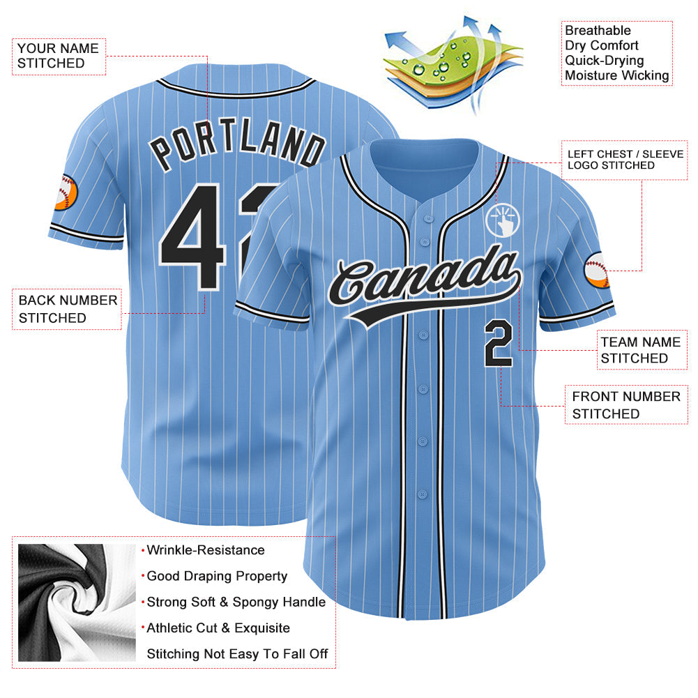 Custom Light Blue White Pinstripe Black Authentic Baseball Jersey baseball jersey product view 3