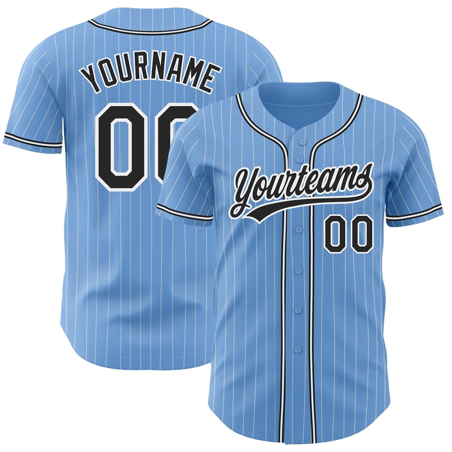Custom Light Blue White Pinstripe Black Authentic Baseball Jersey baseball jersey product view 1