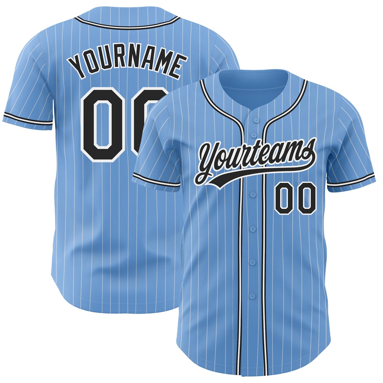 Custom Light Blue White Pinstripe Black Authentic Baseball Jersey baseball jersey product view 1