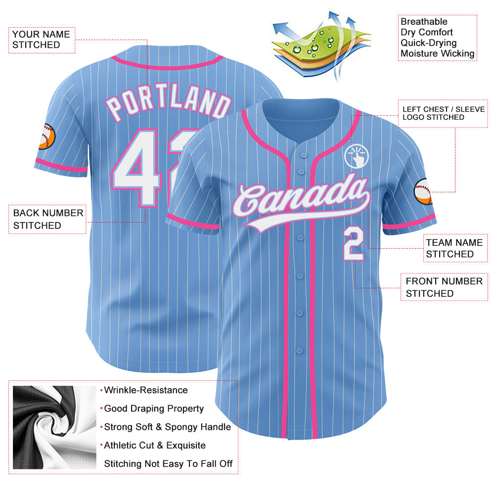 Custom Light Blue White Pinstripe Pink Authentic Baseball Jersey baseball jersey product view 3