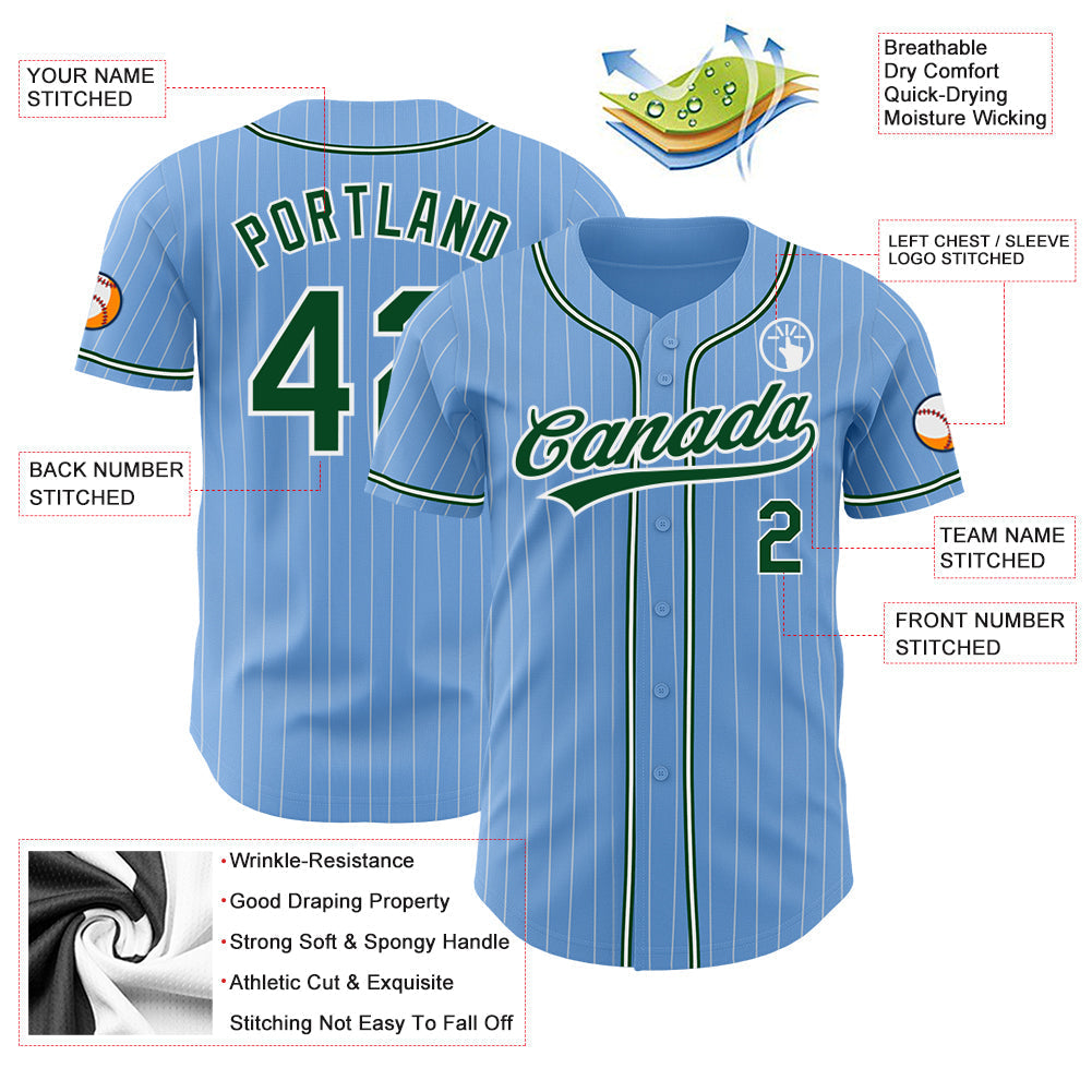 Custom Light Blue White Pinstripe Green Authentic Baseball Jersey baseball jersey product view 3