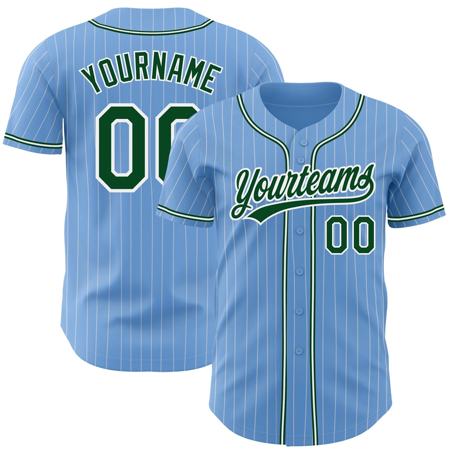 Custom Light Blue White Pinstripe Green Authentic Baseball Jersey baseball jersey product view 1