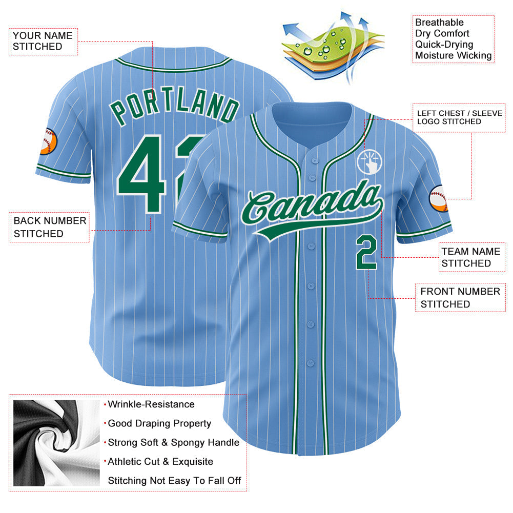 Custom Light Blue White Pinstripe Kelly Green Authentic Baseball Jersey baseball jersey product view 3