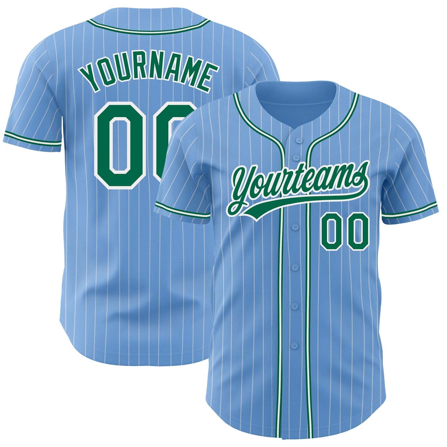 Custom Light Blue White Pinstripe Kelly Green Authentic Baseball Jersey baseball jersey product view 1