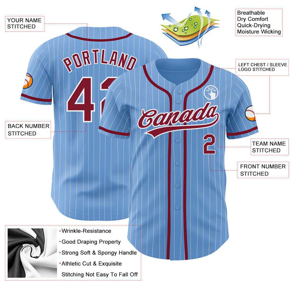 Custom Light Blue White Pinstripe Crimson Authentic Baseball Jersey baseball jersey product view 3