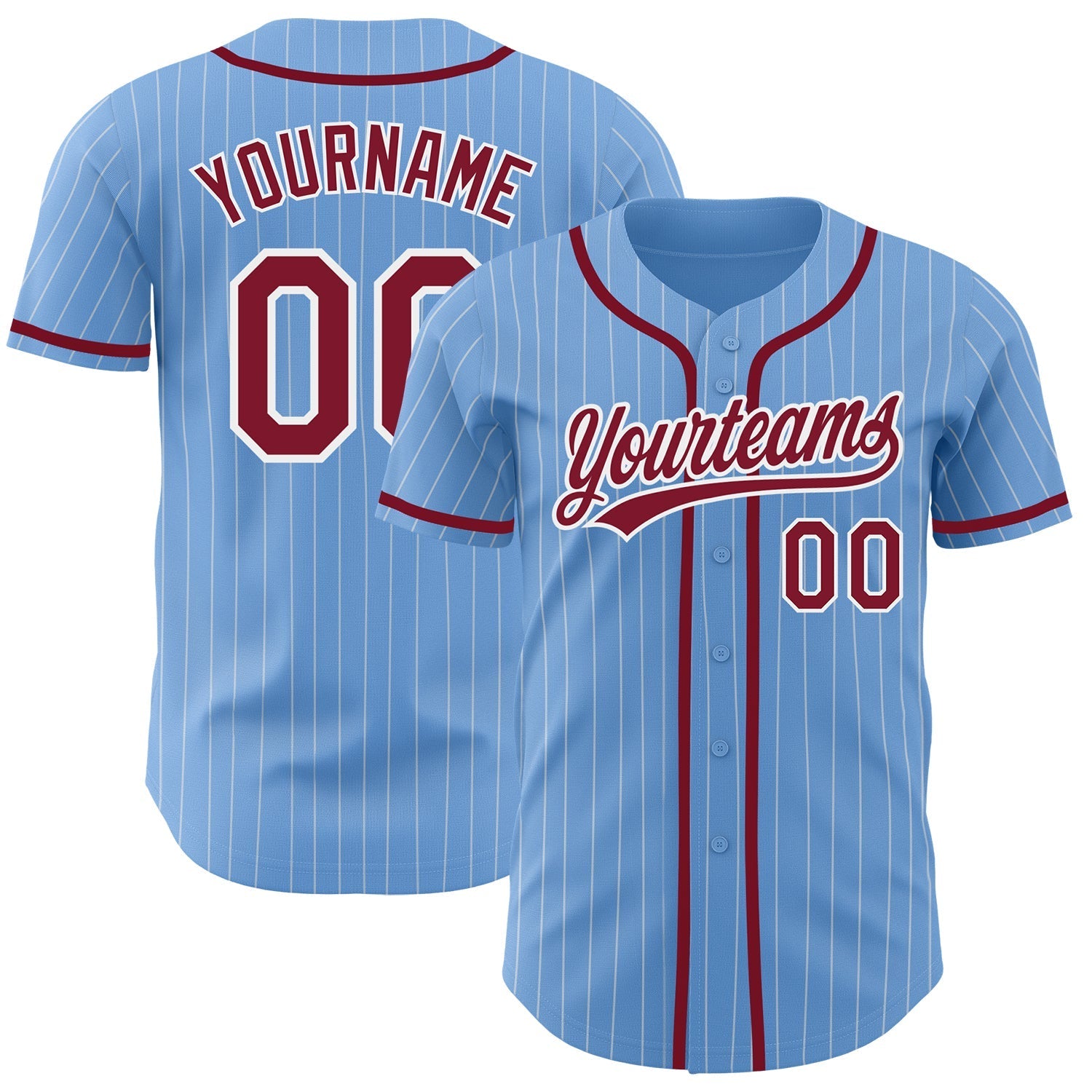 Custom Light Blue White Pinstripe Crimson Authentic Baseball Jersey baseball jersey product view 1
