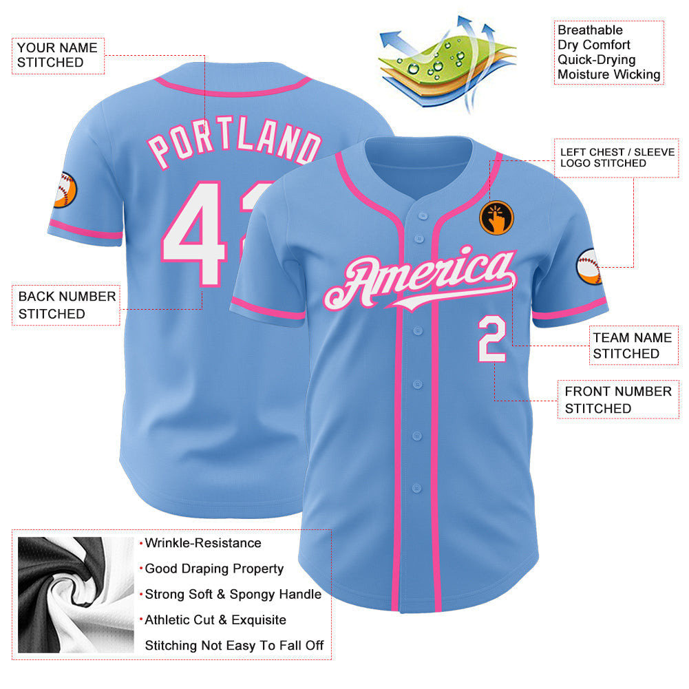 Custom Light Blue White-Pink Authentic Baseball Jersey baseball jersey product view 3