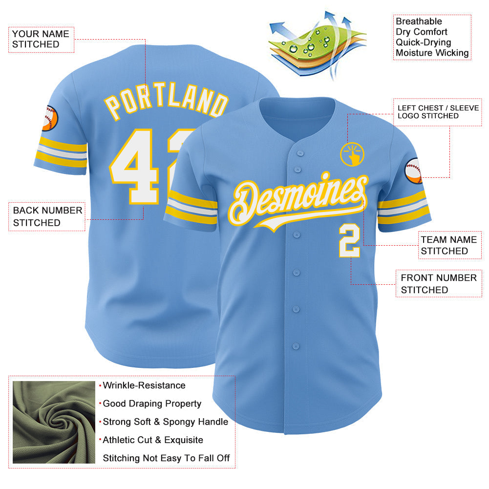Custom Light Blue White-Yellow Authentic Baseball Jersey baseball jersey product view 3