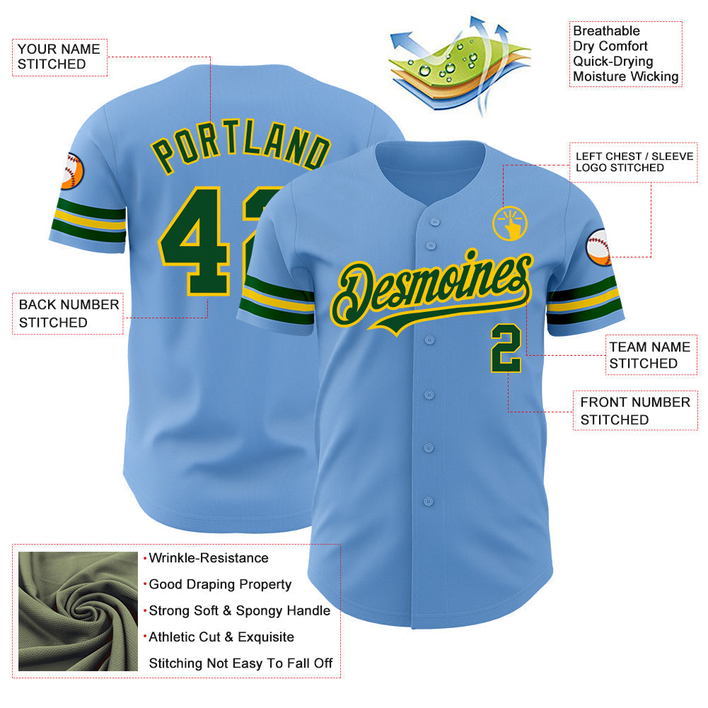 Custom Light Blue Green-Yellow Authentic Baseball Jersey baseball jersey product view 3
